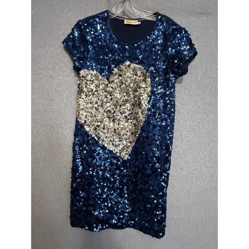 Johnnie B‎ T-Shirt Dress Girls 13-14 Blue Sequin Heart Short Sleeve Boden Party